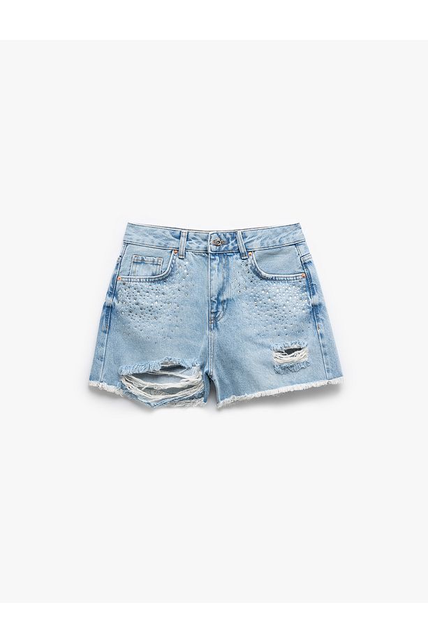 Taşlı Yıpratılmış Düğmeli Cepli Mini Denim Şort - 4