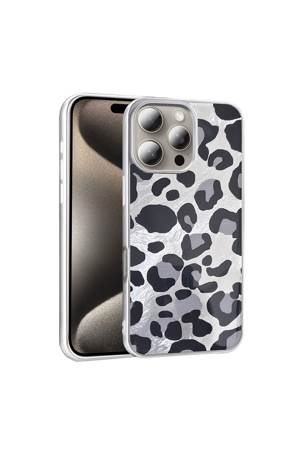 غطاء حماية لهاتف آيفون 16 برو ماكس بنمط مميز - رمادي ليوبارد - 1