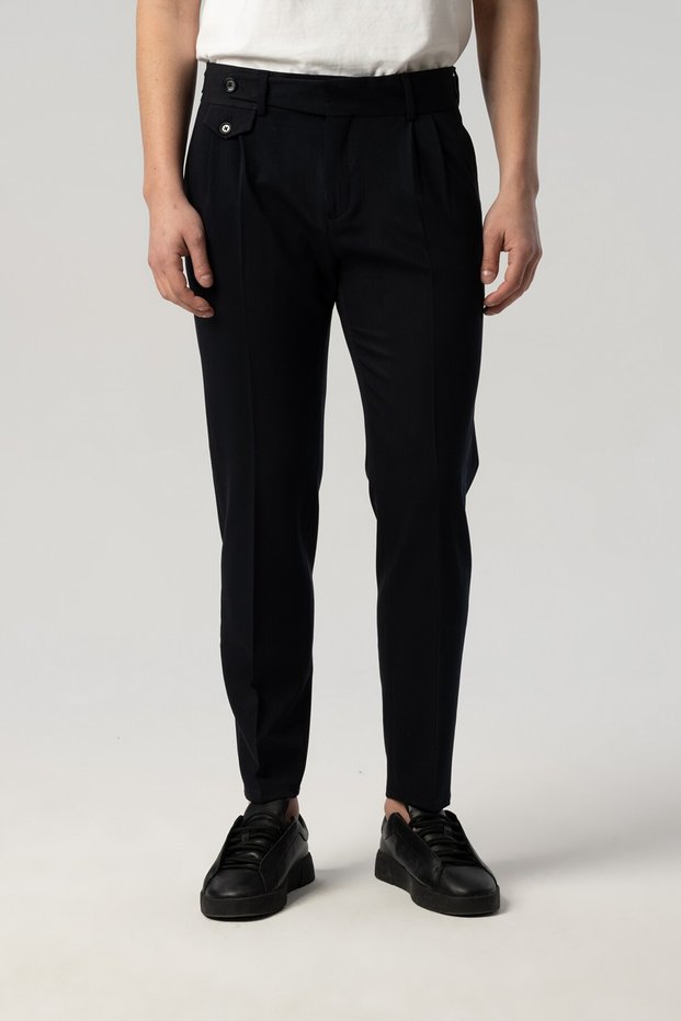 Navy Blue Fabric Trousers with Pleated Front and Long Tongue 2306-29