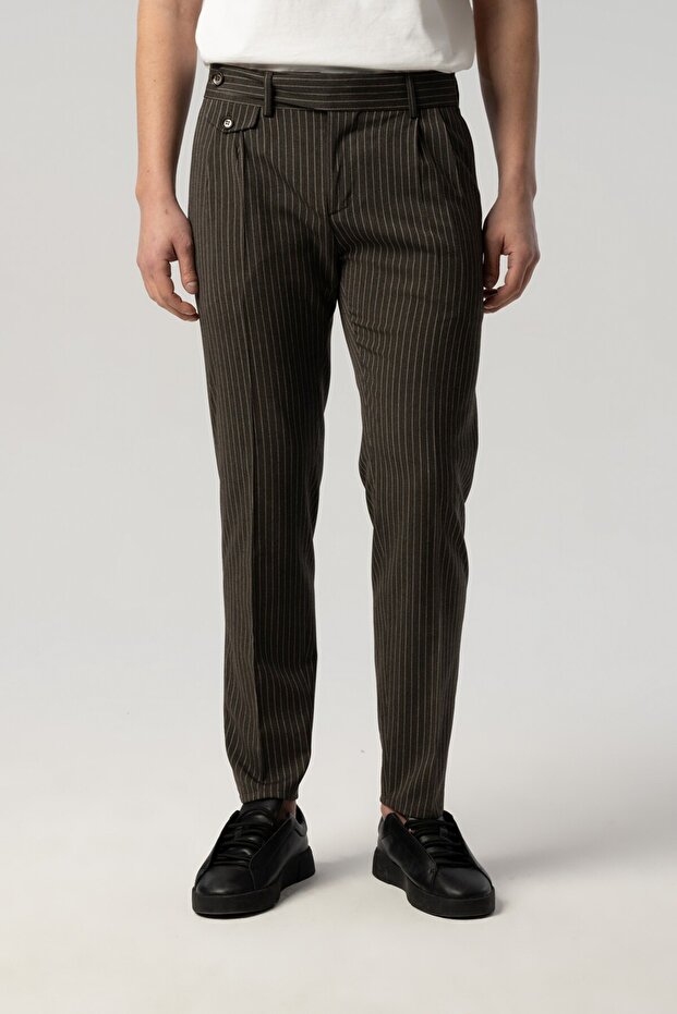 Pleated Front Long Tongue Striped Brown Fabric Trousers 2306-18