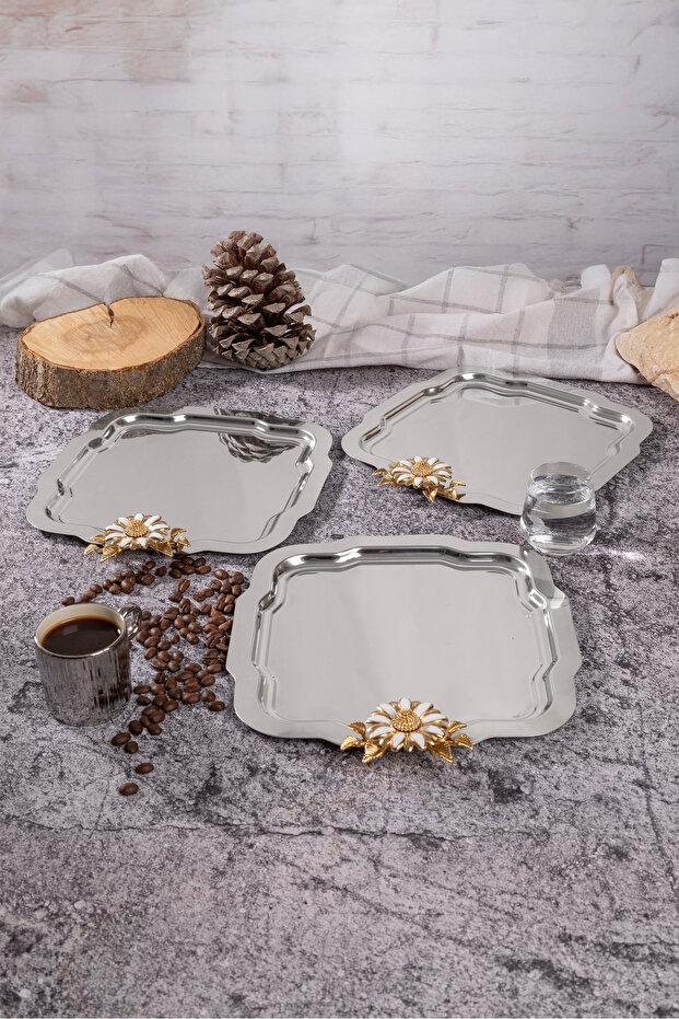 3-Piece Luxury Silver Tray with White Daisy Flower Design, Stainless Steel Tea, Coffee, Serving Presentation Tray