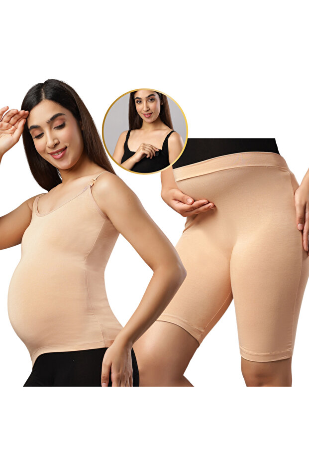 Combo Pack of Nursing Vest and High Waist Maternity Shorts