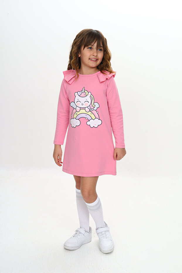 Kız Çocuk Elbise Unicorn Baskılı Uzun Kollu - 6
