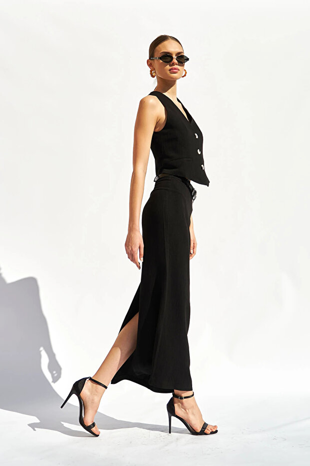 Lefon Women's Midi Back Slit Belted Skirt Vest Set