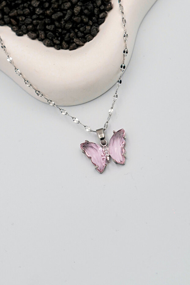 Powder Pink Stone Butterfly Silver Steel Necklace