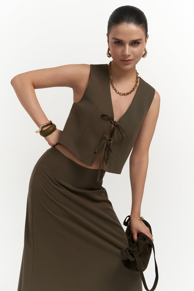Orsha Khaki Vest Skirt Suit