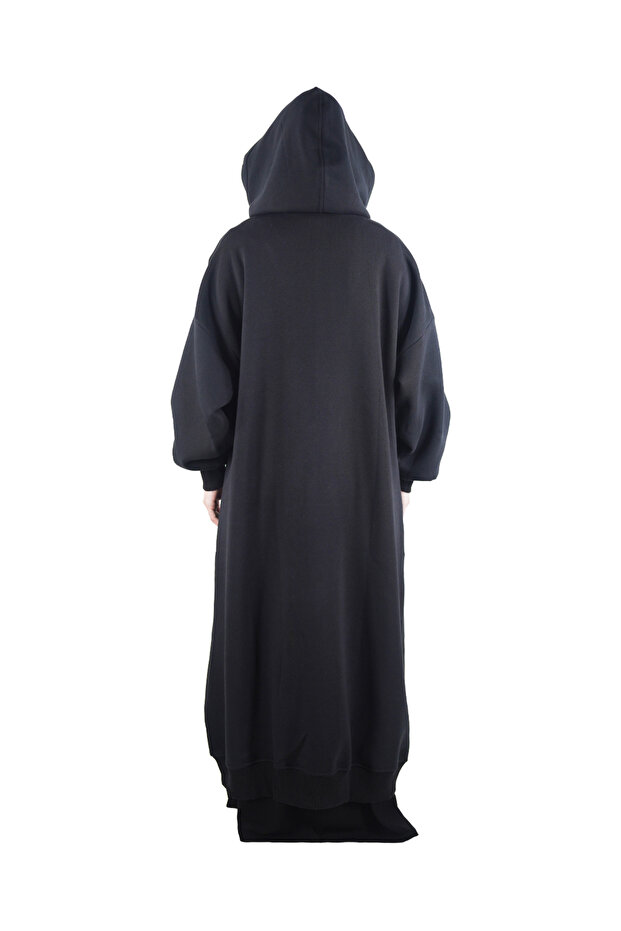 Ece Kapüşonlu Fermuarlı Sweat Elbise - Siyah - 2