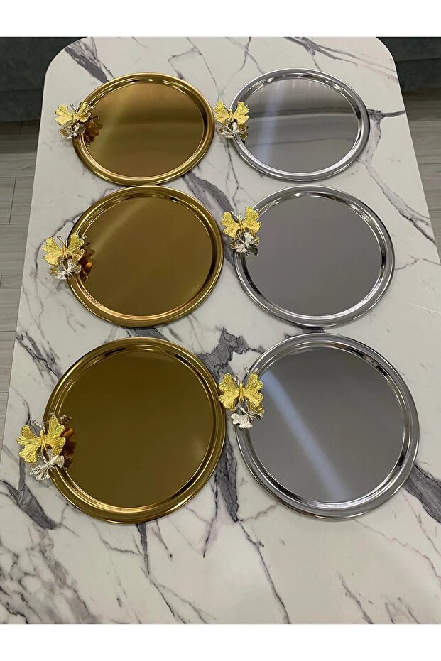 6-Piece Butterfly 3 Silver 3 Gold Round Presentation Tray Decorative Serving Tray Tea, Coffee 22 cm