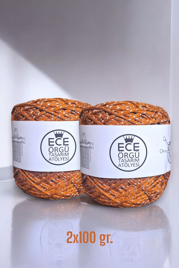 Tramonto. Taba rengi üzerine, vizon floş sargılı bambu koton el örgü ipi (200 gr.) - 1
