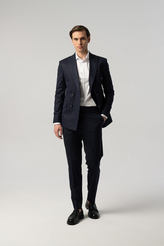 Navy Blue Double Breasted Suit with Waist Buckle Detail in Trousers 8014-48