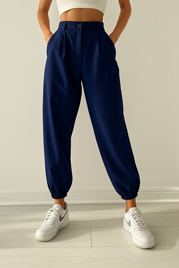 Navy Blue Masculine Jogger Pants with Elastic Legs