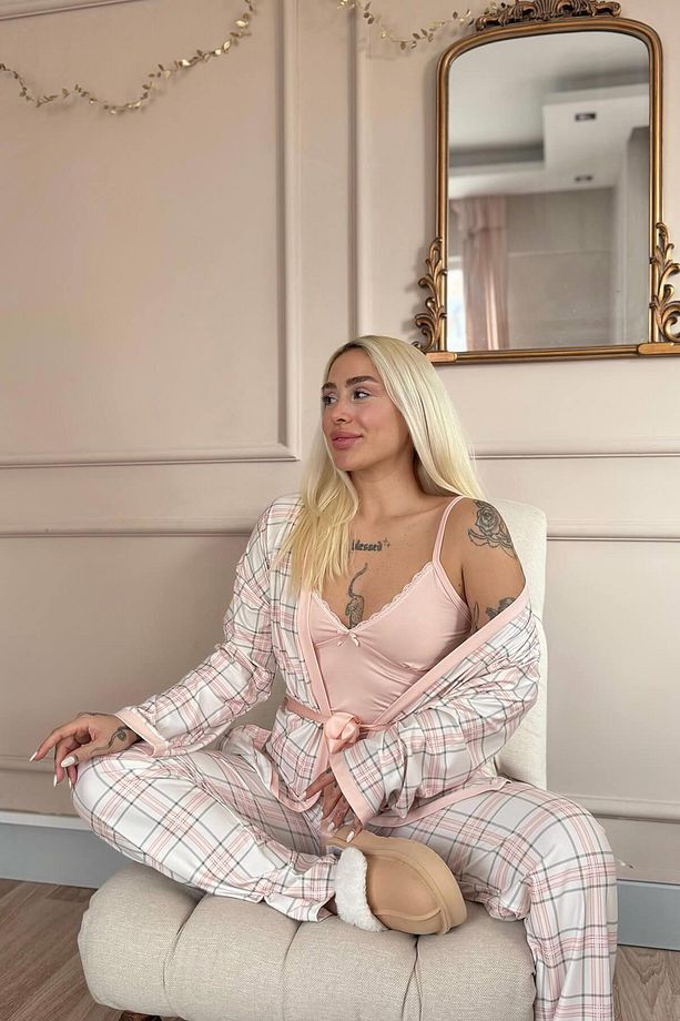 Pudra Soft Check Exclusive Örme Sabahlıklı Kadın Pijama Takım - 5