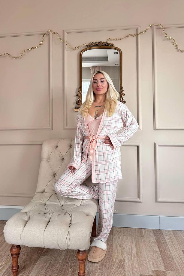 Pudra Soft Check Exclusive Örme Sabahlıklı Kadın Pijama Takım - 7