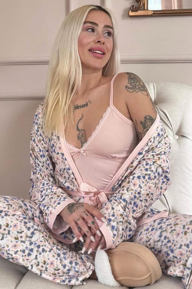 Şeftalı Soft Color Breeze Exclusive Örme Sabahlıklı Kadın Pijama Takım - 1