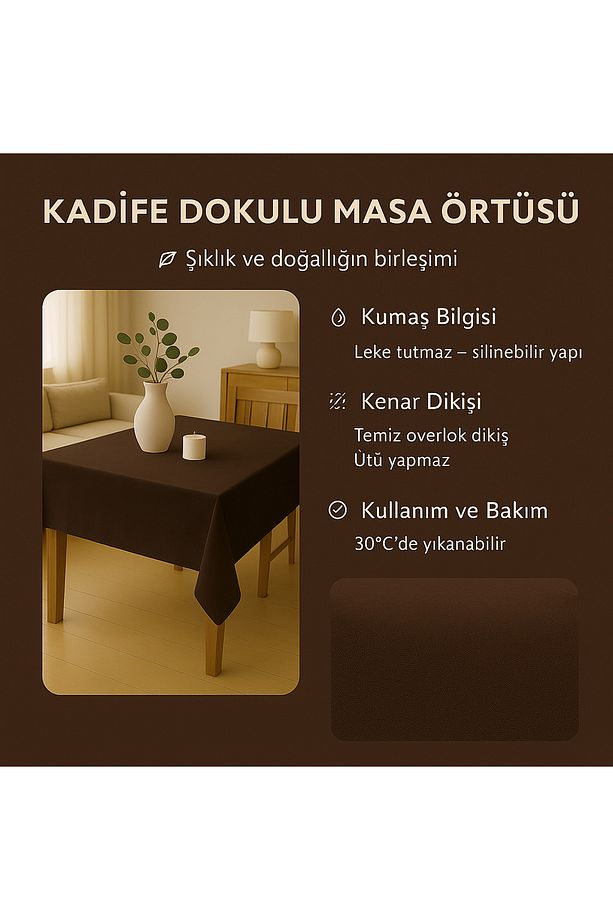 Kadife Dokulu Masa Örtüsü Kahverengi,Yıkanabilir Masa Örtüsü,Yemek Masası Örtüsü,Mutfak Masa Örtüsü - 3