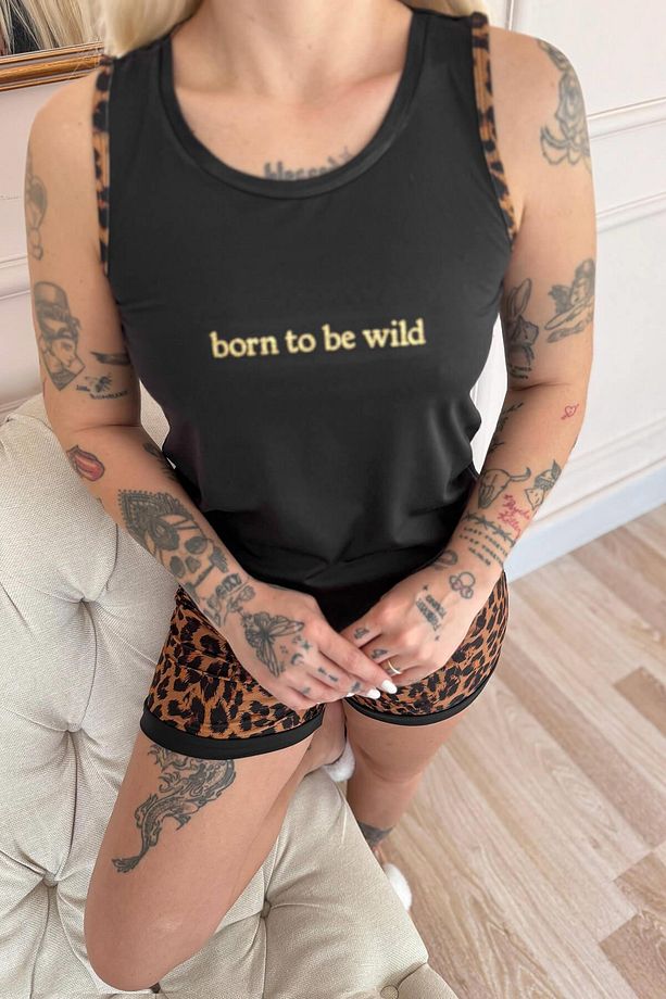 Siyah Born to Be Wild Leopar Desenli Sıfır Kol Şortlu Örme Kadın Pijama Takımı - 7
