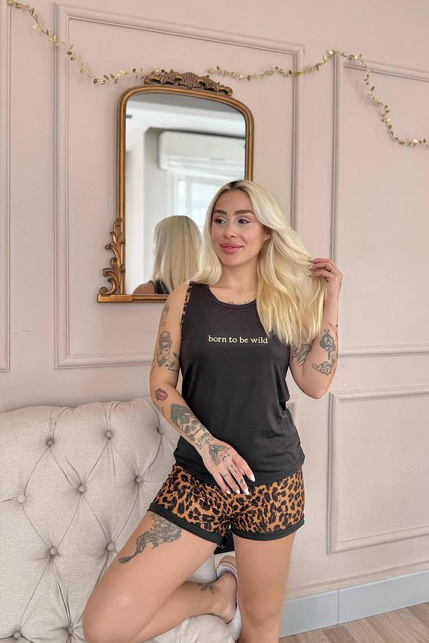 Siyah Born to Be Wild Leopar Desenli Sıfır Kol Şortlu Örme Kadın Pijama Takımı - 6