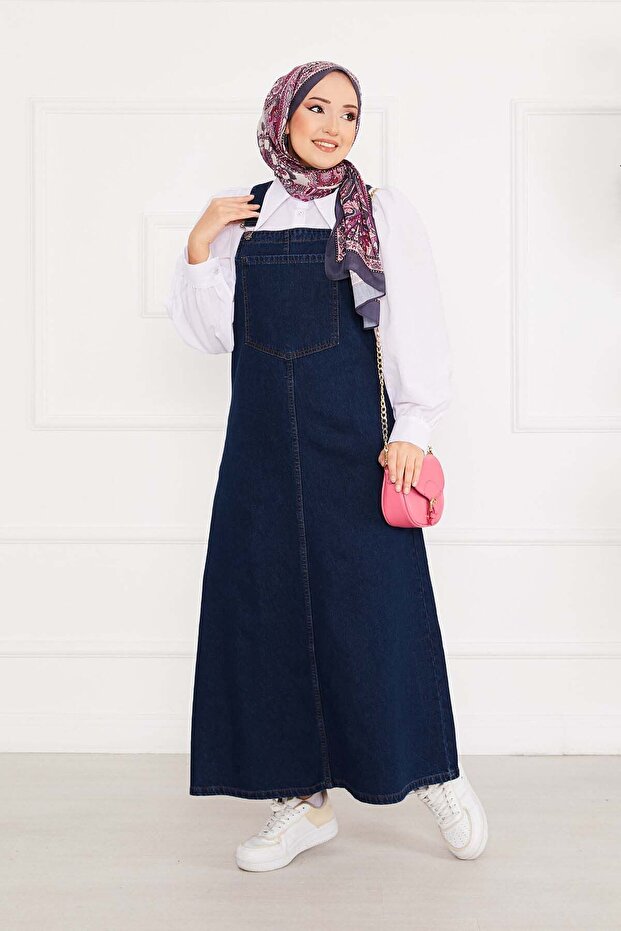 Hijab-Friendly Denim Salopet Dress with Front Pocket, Navy Blue
