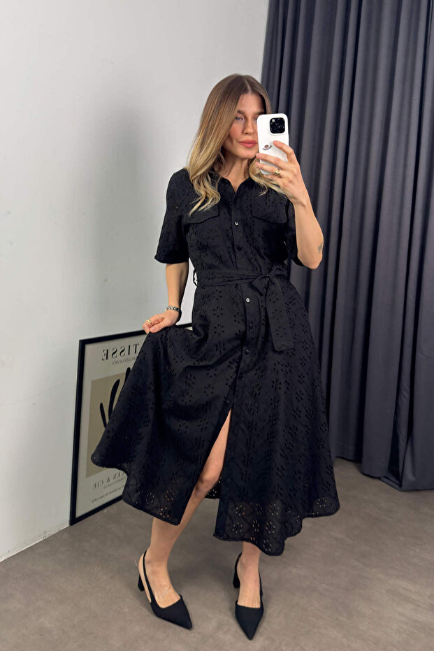 Black Short Sleeve Lined Belted Pocket Scallop Shirt Dress