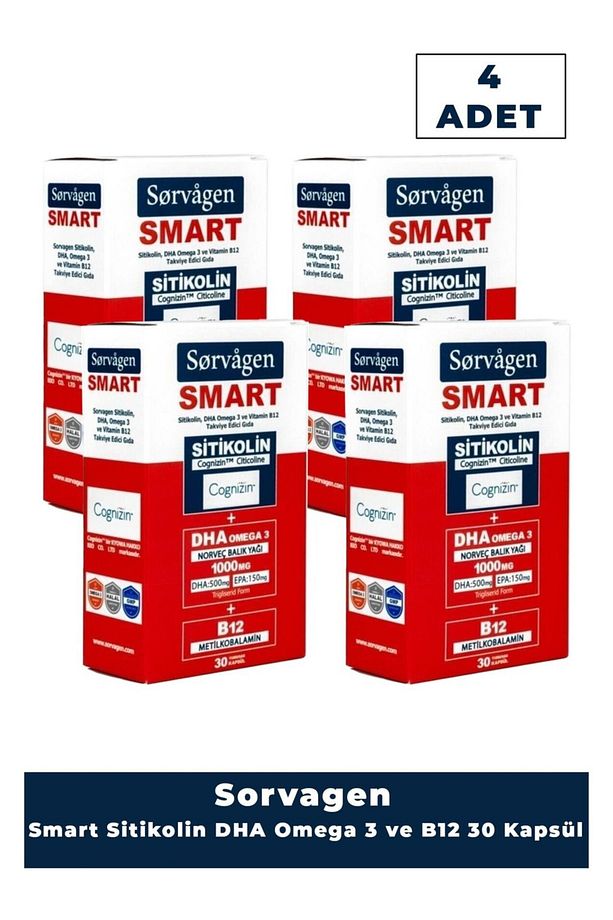 Smart 30 Kapsül ( Sitikolin Dha Omega 3 ve B12 Içeren Takviye Edici Gıda ) x 4 Adet - 1