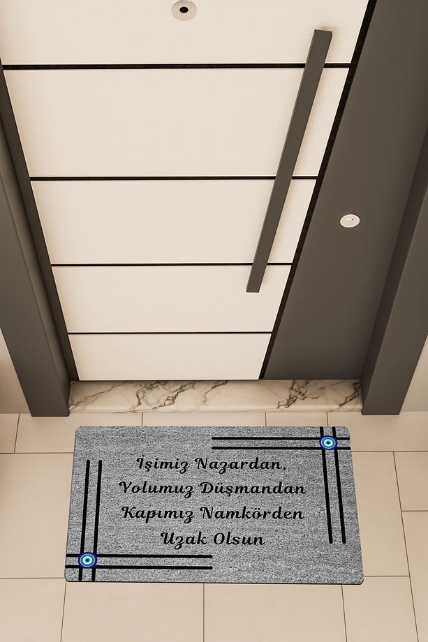 Yüksek Kaliteli Dijital Baskı Gri, İşimiz Nazardan temalı Kapı Önü Paspası - 1