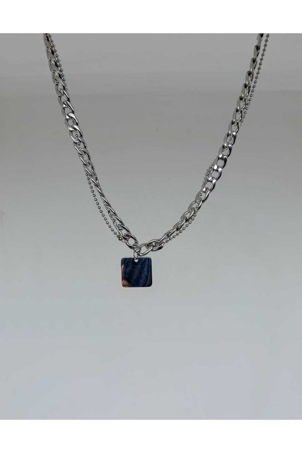 Grade Quality 316L Surgical Steel Women's Short Necklace, Square Imprint Double Chain Model No 47