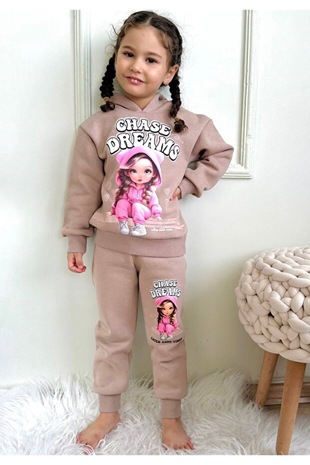 PJK3İ Dreams Kız Desenli Bej 3 İp Şardonlu Kapşonlu %100 Pamuk Kız Çocuk Eşofman Takımı 3-10 Yaş 73 - 1
