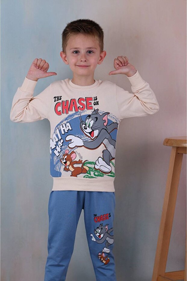 Tom&Jerry Patterned Blue Tracksuit Set for Boys - 100% Cotton, 3-10 Years, 7239-m