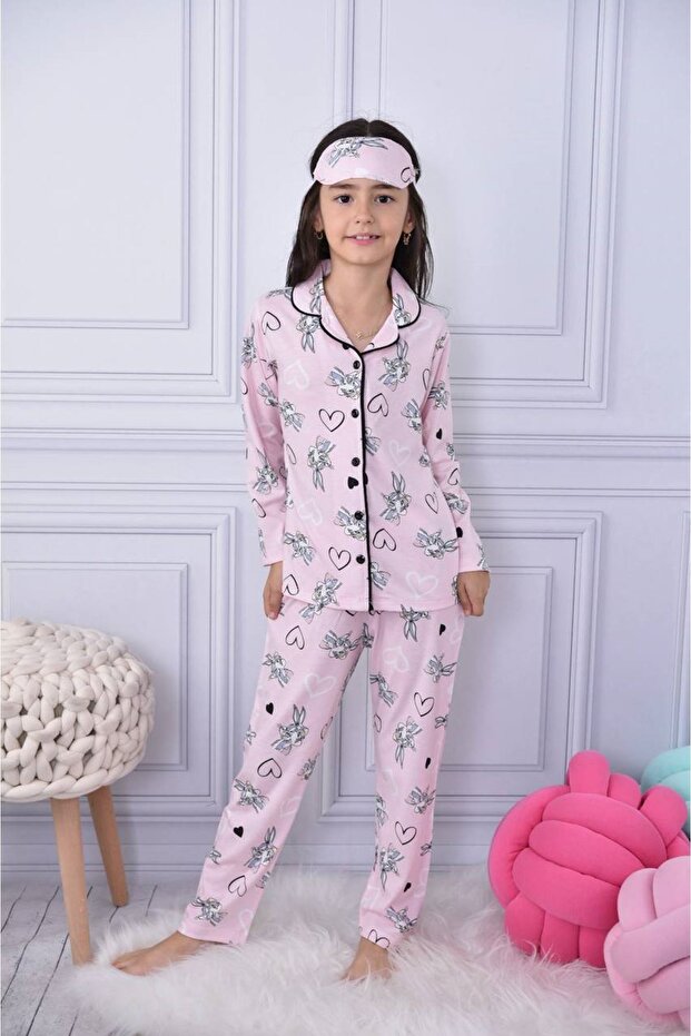 Pjkö Rabbit Patterned Pink Long Sleeve Front Buttoned Girl's Pajamas Set 4-12 Years 589U