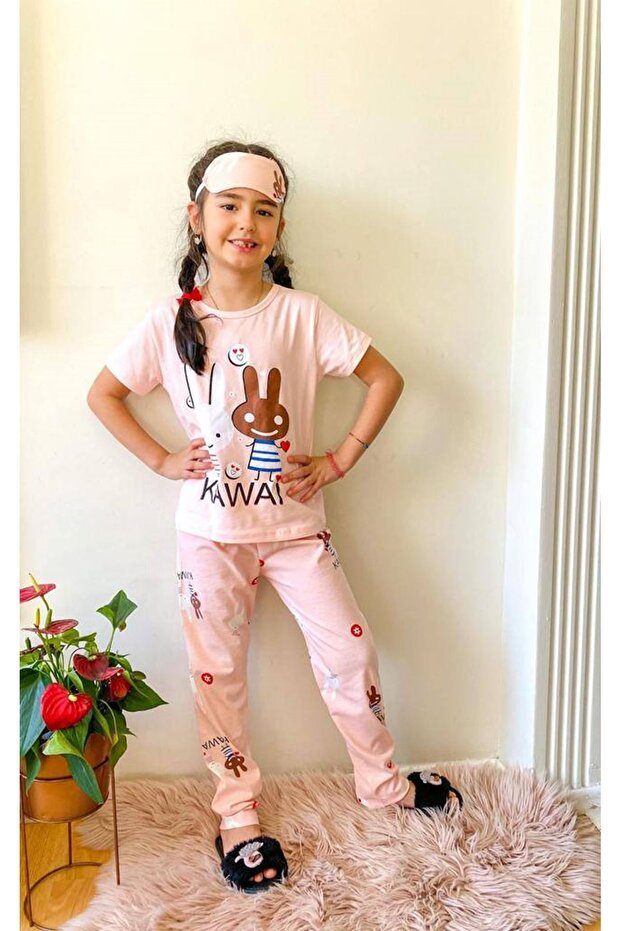 Rabbit Patterned Pink Girls' Short Sleeve Pajama Set 4-12 Years 524