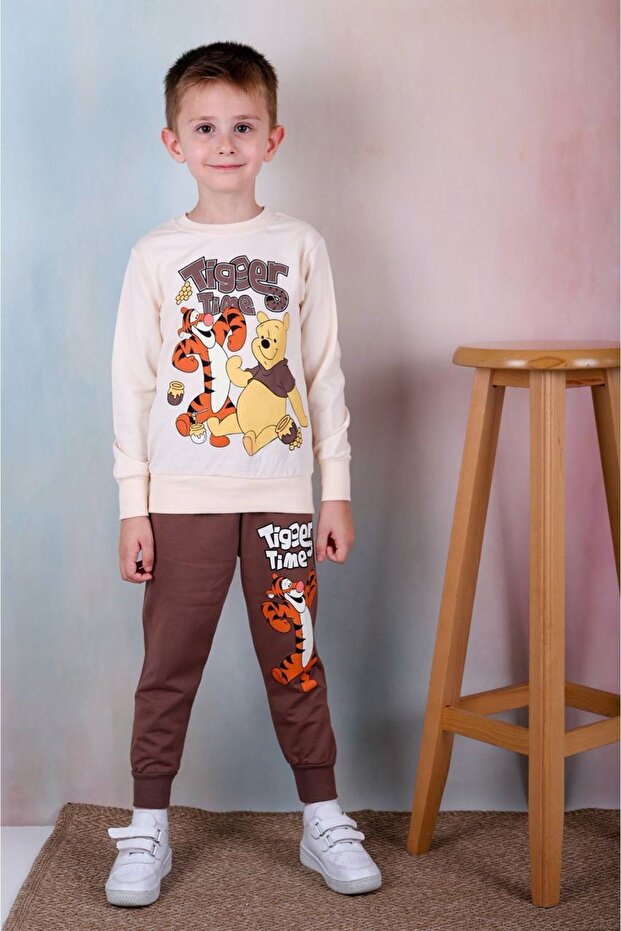 Pjk2İ Tiger Winnie Pooh Patterned Brown 2-Strand 100% Cotton Boys' Tracksuit Set 3-10 Years 7243