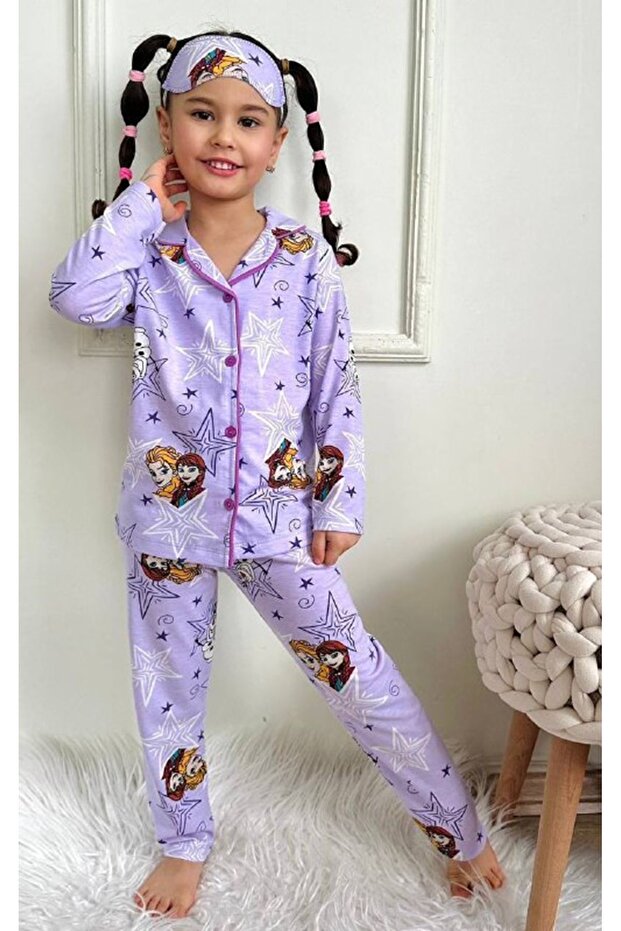 Pjkö Frozen Elsa Patterned Lilac Long Sleeve Front Buttoned Girls' Pajama Set 4-12 Years 535U