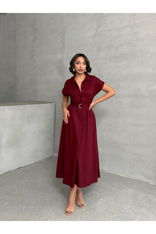 Women's Burgundy Belted Stretchy Shirt Dress
