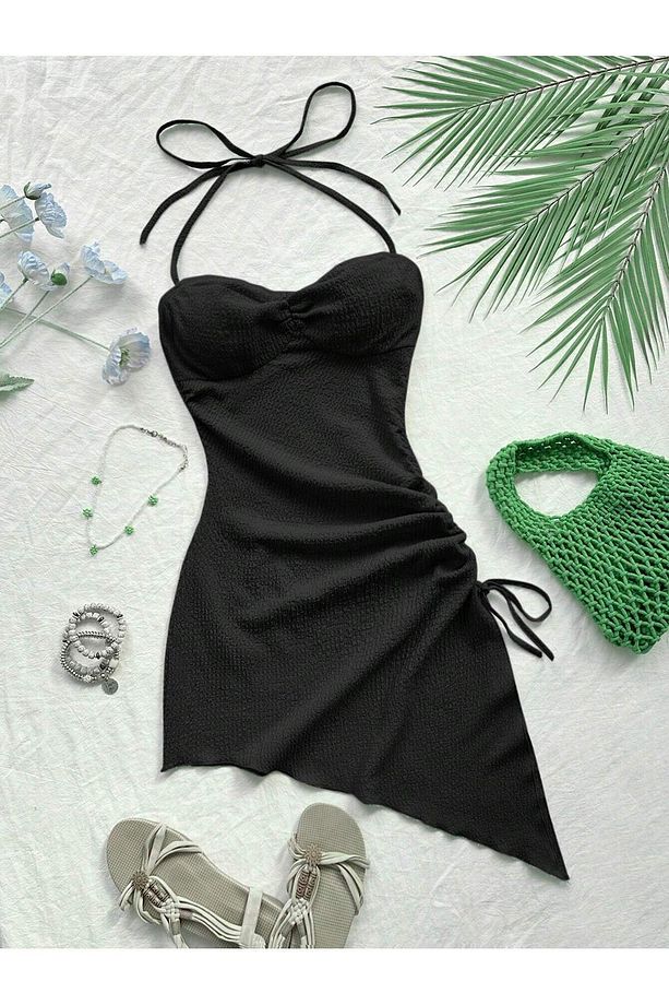 Siyah Elbise Kadın Tatil Halter Bağcıklı Bağcıklı Dokulu Asimetrik Etek Ucu Elbise Yaz Yazlık - 4