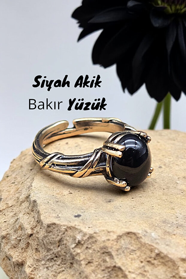 Pure Copper Women's Black Agate Ring Adjustable Trend (Gift, Birthday, Daily)