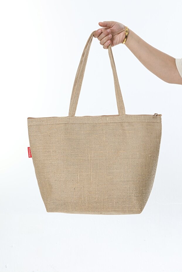 Fermuarlı Simli Jüt Plaj Çantası - 5