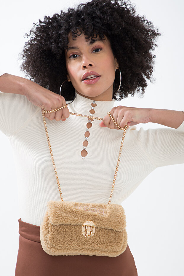 Krem Mini Peluş Çanta - 5