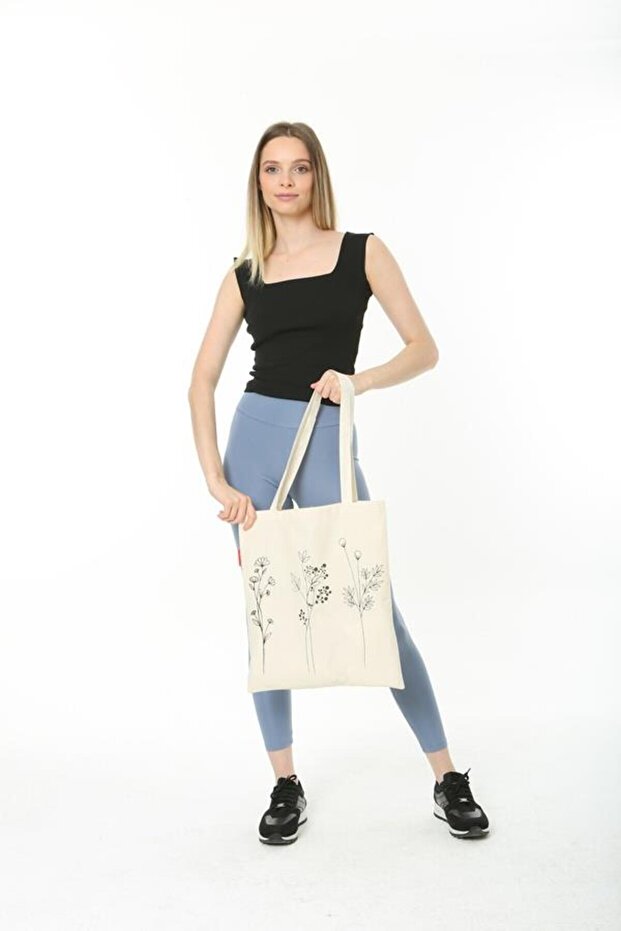 Bez Çanta Üç Çiçek Baskılı - 6