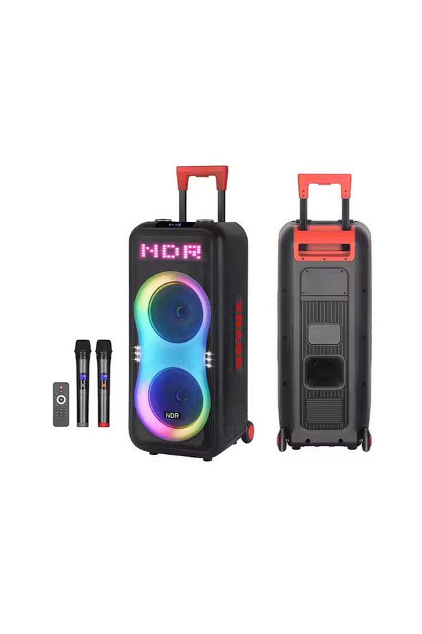 DEV PARTY SPEAKER ÇİFT KABLOSUZ MİKROFONLU ŞARJLI BLUETOOTH HOPARLÖR RGB IŞIKLI TEKERLEKLİ HOPARLÖR - 1