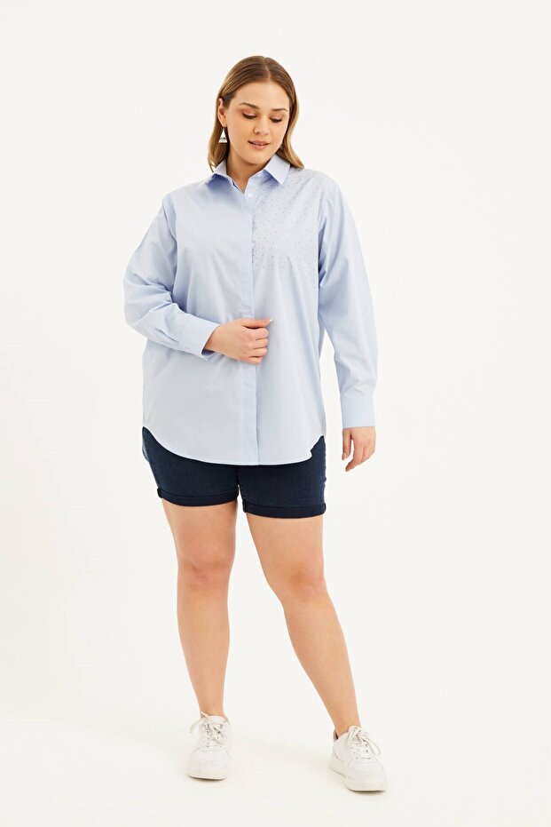 Oversize Taş Baskılı Poplin Gömlek - 5