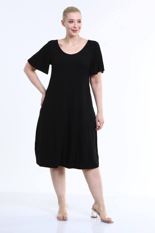 Penye Sırt Çapraz Pullu Şerit Elbise - 2