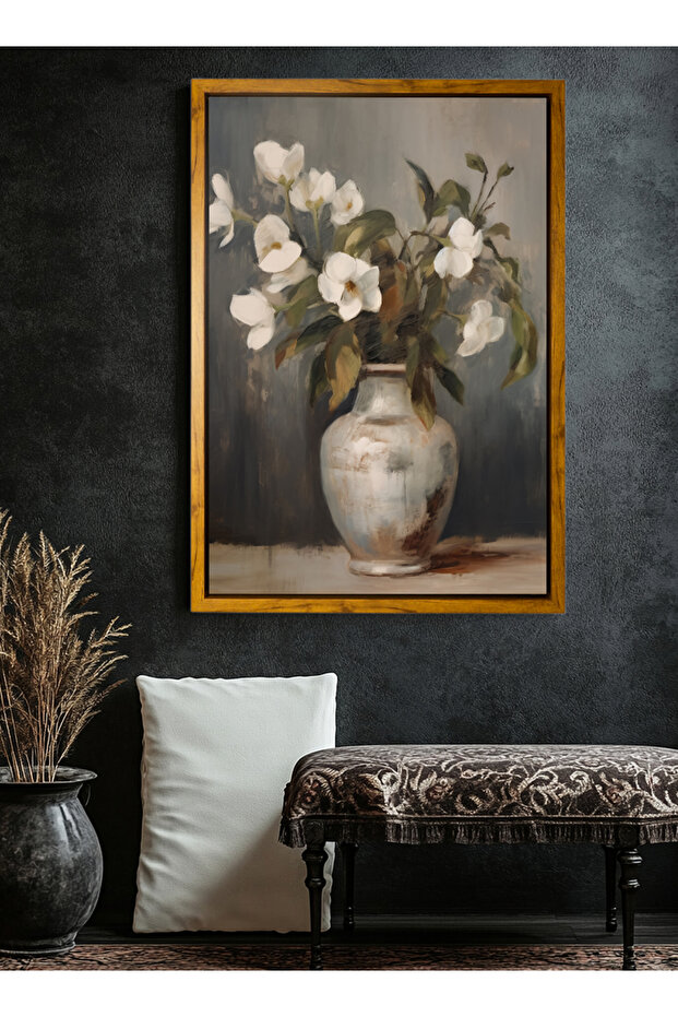 Canvas Wall Art Stretched Over Wooden Frame with Wood Color Floating Frame and Flower Vase Painting - 1