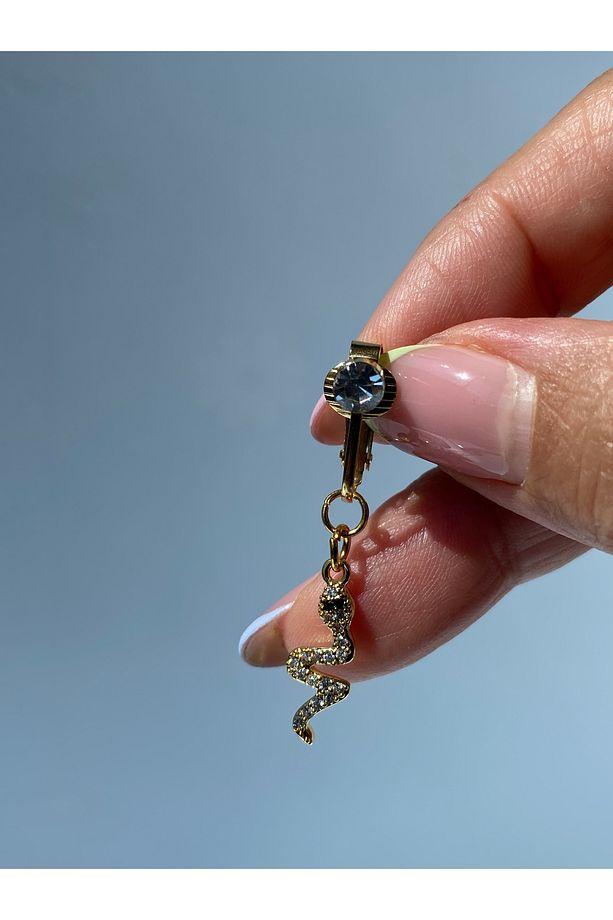 Çelik Göbek Piercing Mıknatıslı Sıkıştırmalı Kullanımlı Taşlı Sallantılı Yılan Model - 4