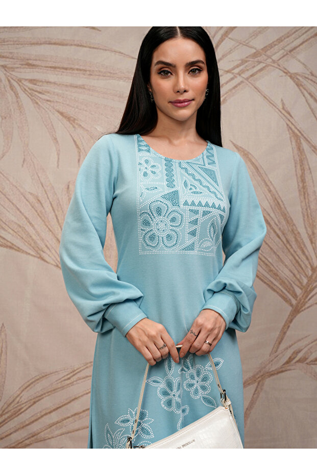 Blue Floral Printed Round Neck Puff Sleeves Straight Kurta