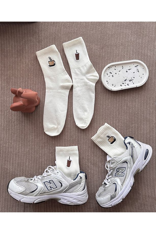 Minimal Sevimli Fincan Kahve Latte Ve Bardak Nakışlı Unisex 2 Çift Çorap Seti - 1