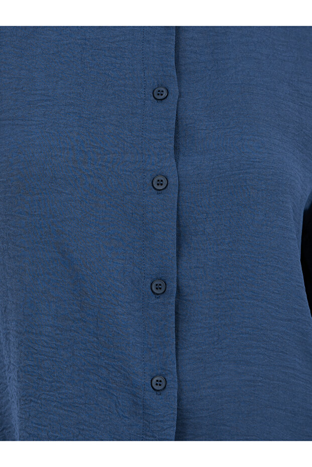 Navy Blue Solid Long Sleeve Blouse - 4