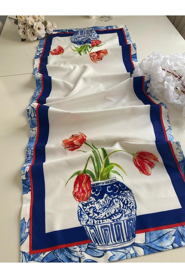 Mavi Vazo ve Çiçek Baskılı Runner & Supla Takımı 40x140 cm Runner + 33 cm Supla (6 Adet) - 5