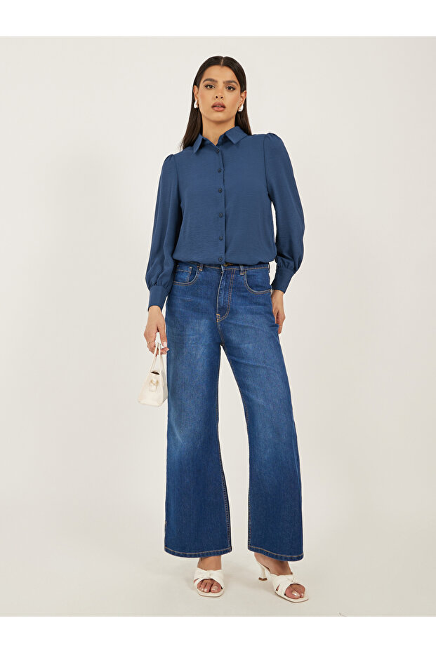 Navy Blue Solid Long Sleeve Blouse - 3