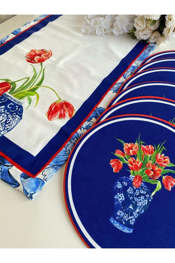 Mavi Vazo ve Çiçek Baskılı Runner & Supla Takımı 40x140 cm Runner + 33 cm Supla (6 Adet) - 2