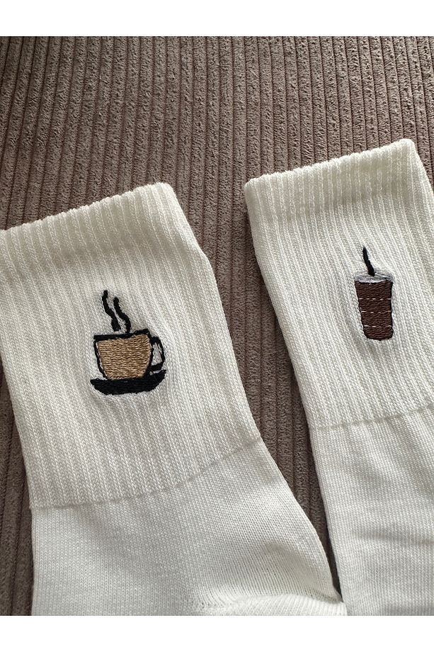 Minimal Sevimli Fincan Kahve Latte Ve Bardak Nakışlı Unisex 2 Çift Çorap Seti - 3